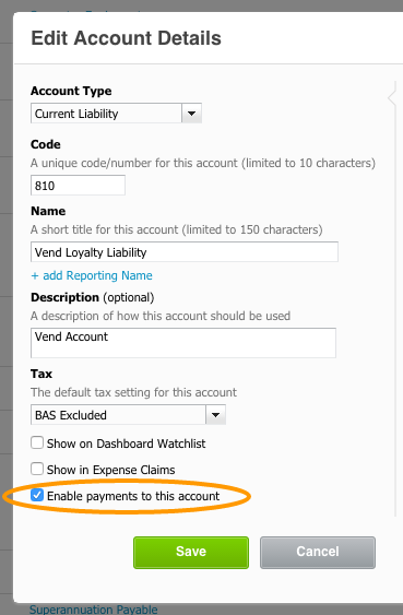 Xero Vend Loyalty Business Liability. Enable payments to this account for Vend Integration